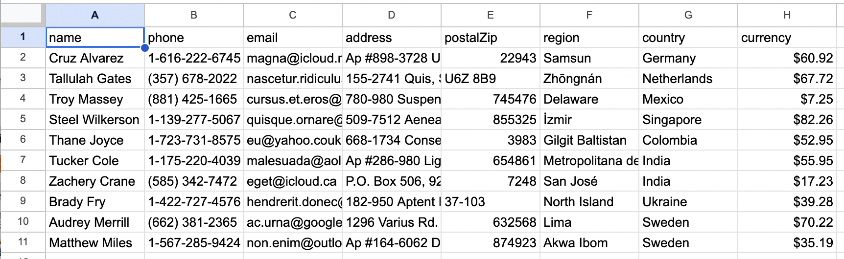 Example Spreadsheet